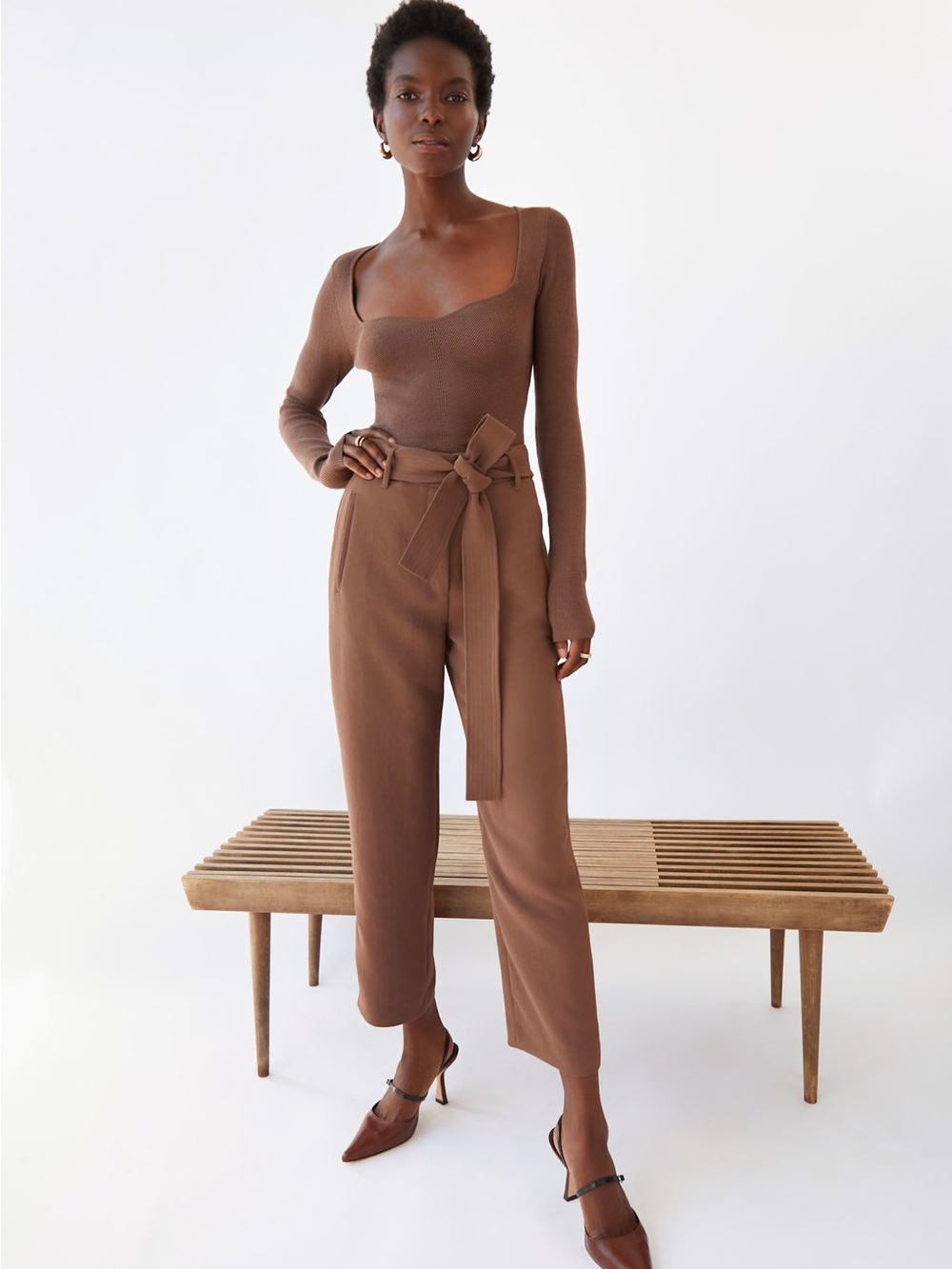 Aritzia Wilfred Caramelized Walnut High-Rise Wide-Leg Pants with Tie Belt